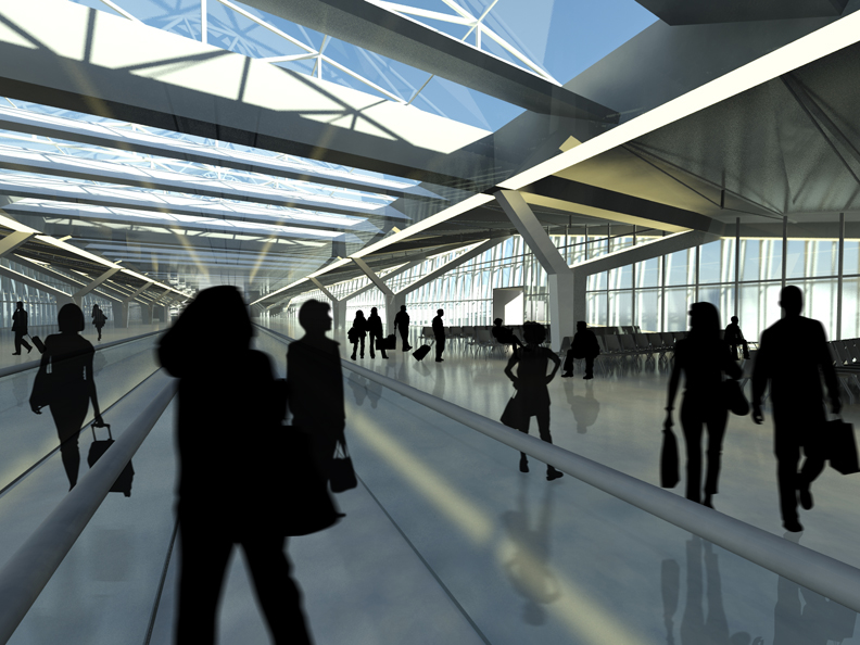 Light-filled concouse circulation and gate lounge, morning