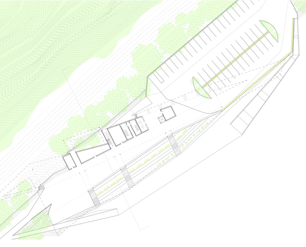 Lower Plan: Parking, Sheltered Market Area, Step-Benches and Ramp leading down to Riverfront Boardwalk