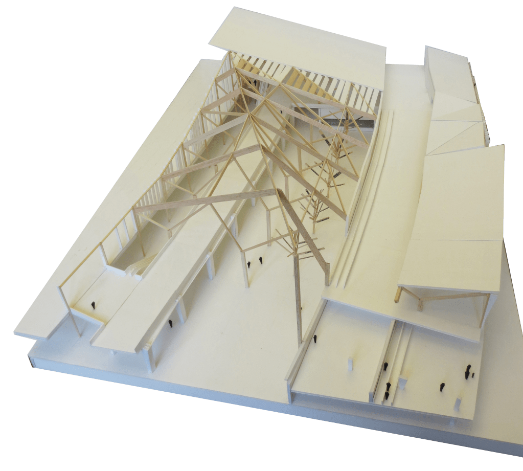 Peeled-away model of arrivals and departure hall, A380 gate lounge, an sterile circulation.